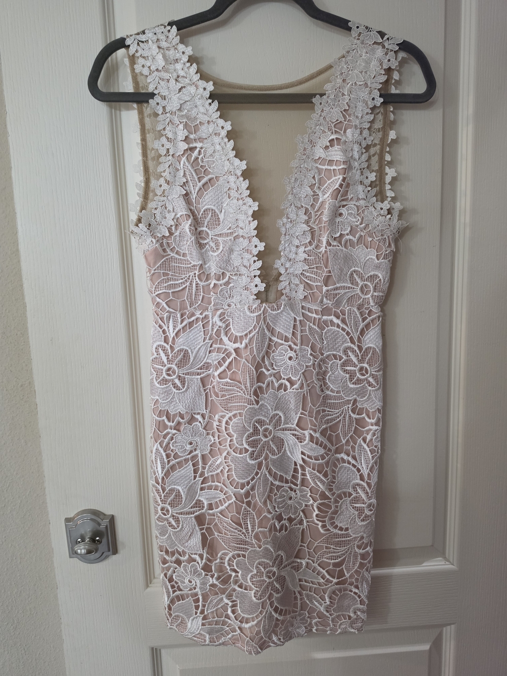 Sleeveless Blush Lace Sheath Dress with White Floral Overlay